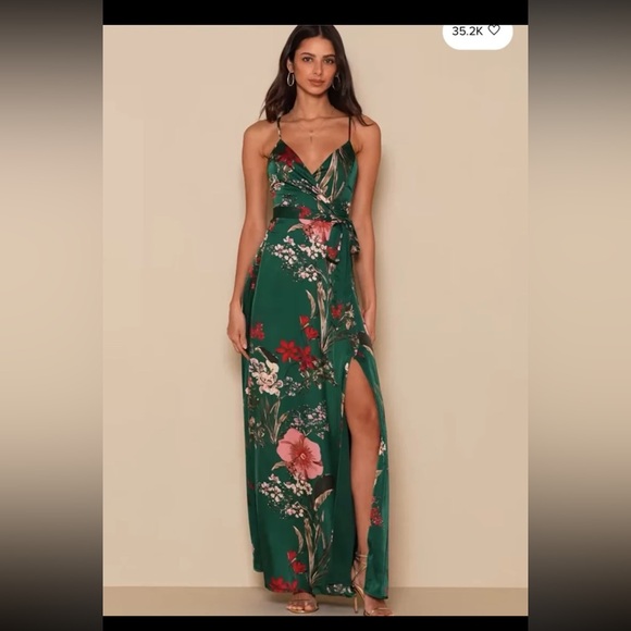 Lulus Still the One Emerald Green Floral Print Satin Maxi Dress size Small - Picture 6 of 12